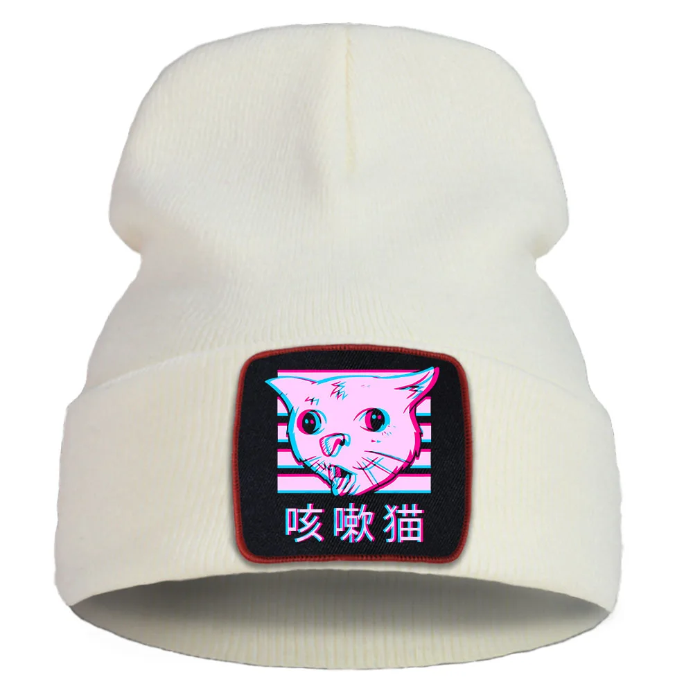 

Vaporwave Style Naughty Cartoon Cat Sticking Out Tongue Print Female Bonnet Trend Simple Cap Comfortable Soft Men Knitted Hats