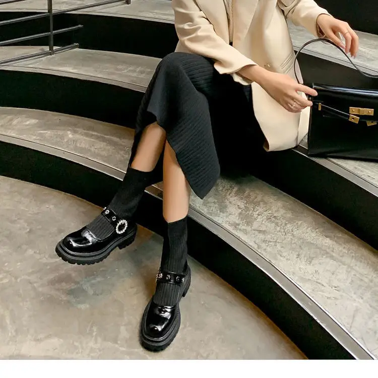 2021 Autumn Knit Elastic Cloth Patchwork Sock Ankle Boots Women Fashion Leather Crystal Buckle Short Boots Female Low Heel Shoes