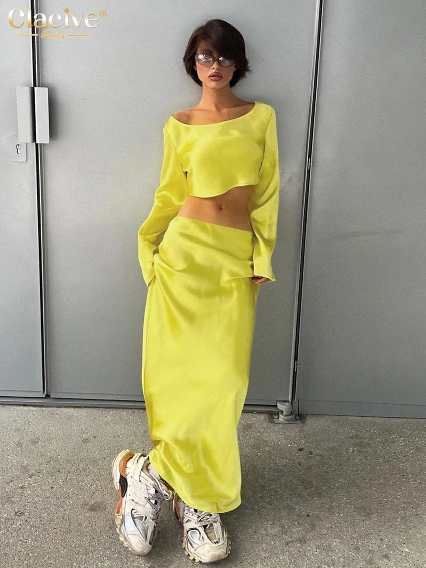 

Соблазнительный тонкий желтый атласный комплект Clacive из 2 предметов, женская одежда 2024, элегантный укороченный Топ с длинным рукавом и юбка со средней талией, Женский комплект