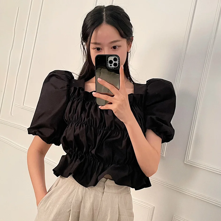 

SuperAen 2022 Summer Pleated Wooden Ear Square Collar Puff Sleeve Shirts Solid Casual Women Top