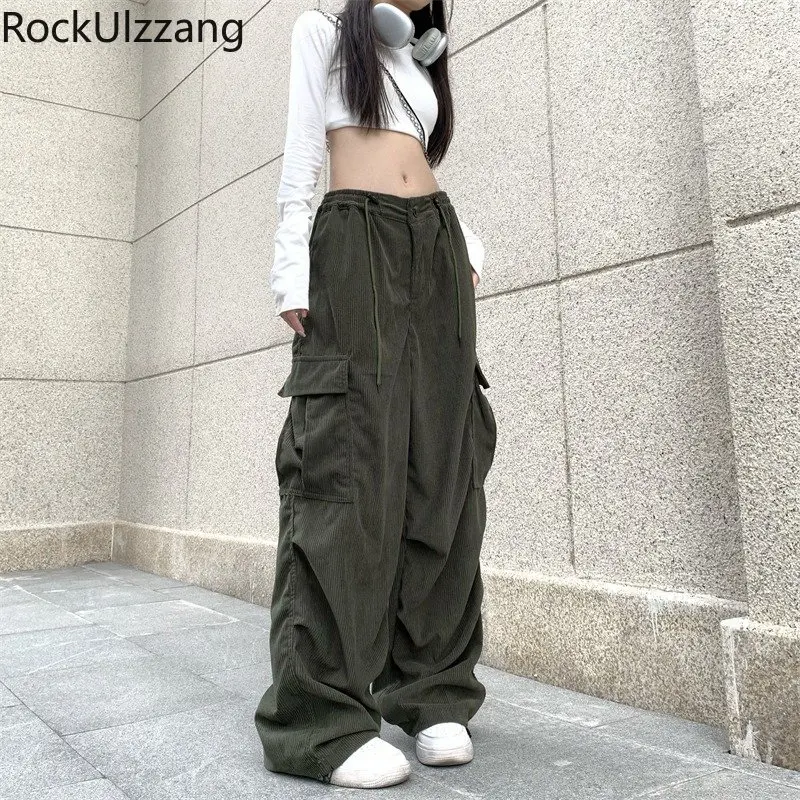 

Women Corduroy Pant Side Pocket Long Trouser Streetwear Cargo Jogger Harajuku pantalones y2k clothes korean drawstring sweatpant