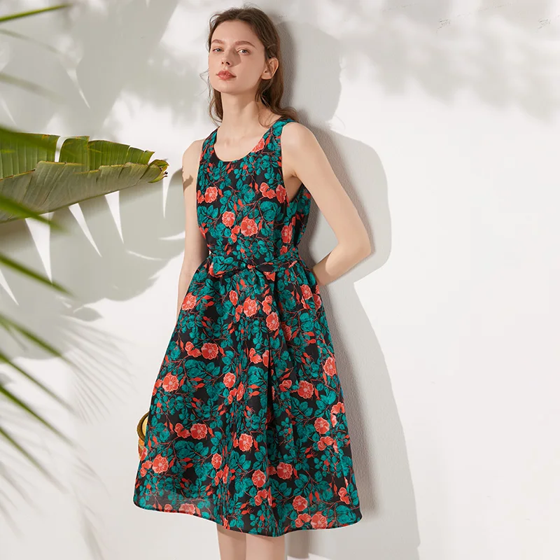 

Miccbeirn 2022 Summer Silk And Linen Sleeveless Dress For Women Printing Paghetti Strap Dresses ZHL84558