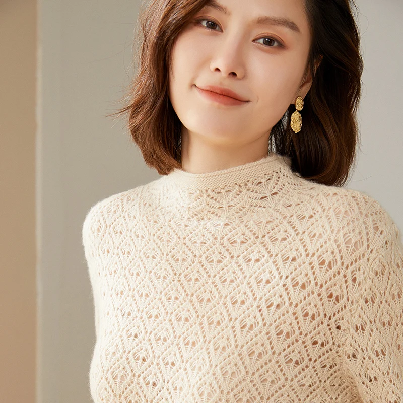 

Hot Sale 2022 Women Sweater 100% Pure Cashmere Knitted Pullovers New O-Neck Female Fashion Tops Knitwear Hollow Out Loose Jumper