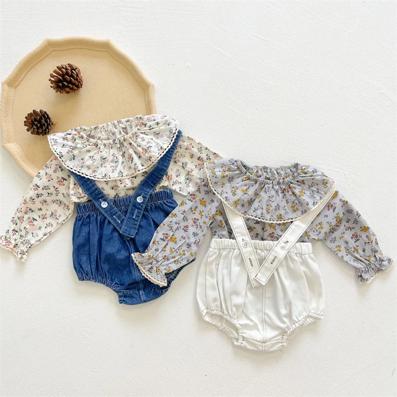 

2022 New Spring Autumn Baby Girl Floral Long Sleeves Turn-down Collar Shirts+Sling Shorts Outwear Newborn Baby Clothes 0-3 Years