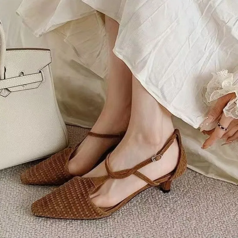 Плетеные римские сандалии с квадратным носком новинка лета 2023 уличные