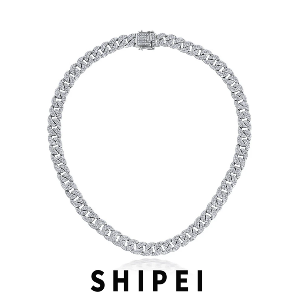 

SHIPEI Luxury Solid 925 Sterling Silver 12 MM White Sapphire Gemstone Hip Hop Miami Cuban Chain Necklace Fine Jewelry Wholesale