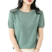 100 pure wool knitted short sleeved pullover for women o neck slim vest t shirt solid casual base sweater spring summer new