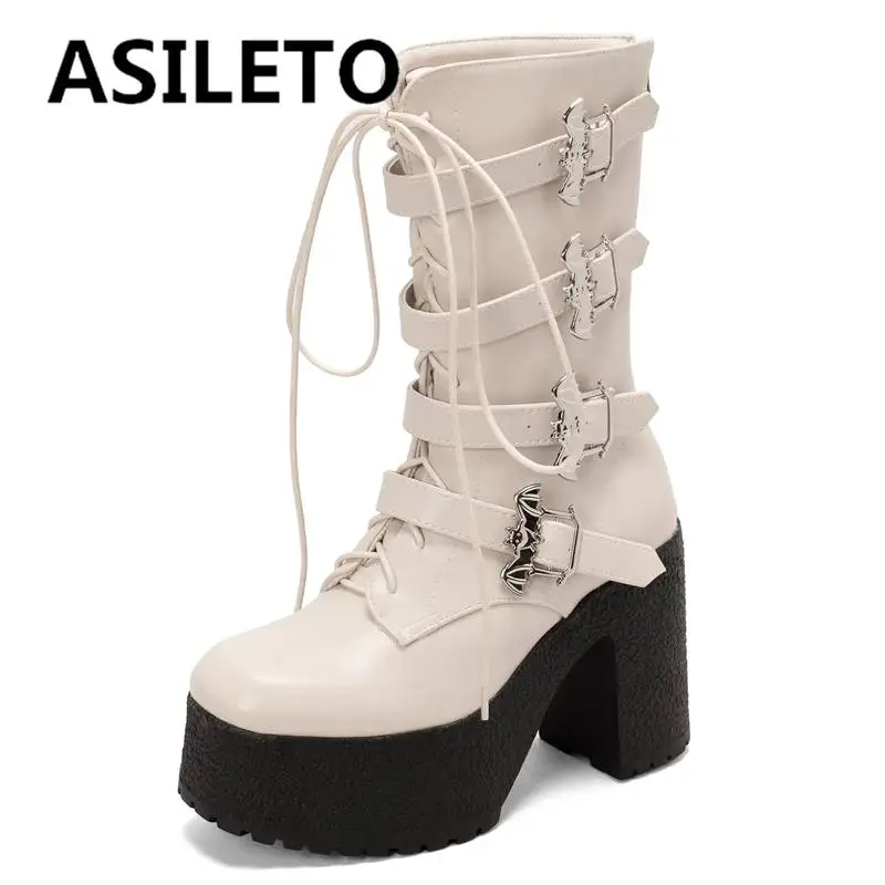 

ASILETO Womans Mid Calf Boots 22cm Square Toe Block Heel 11cm Platform 5cm Zipper Lace Up Belt Buckles Punk Big Size 43 Casual