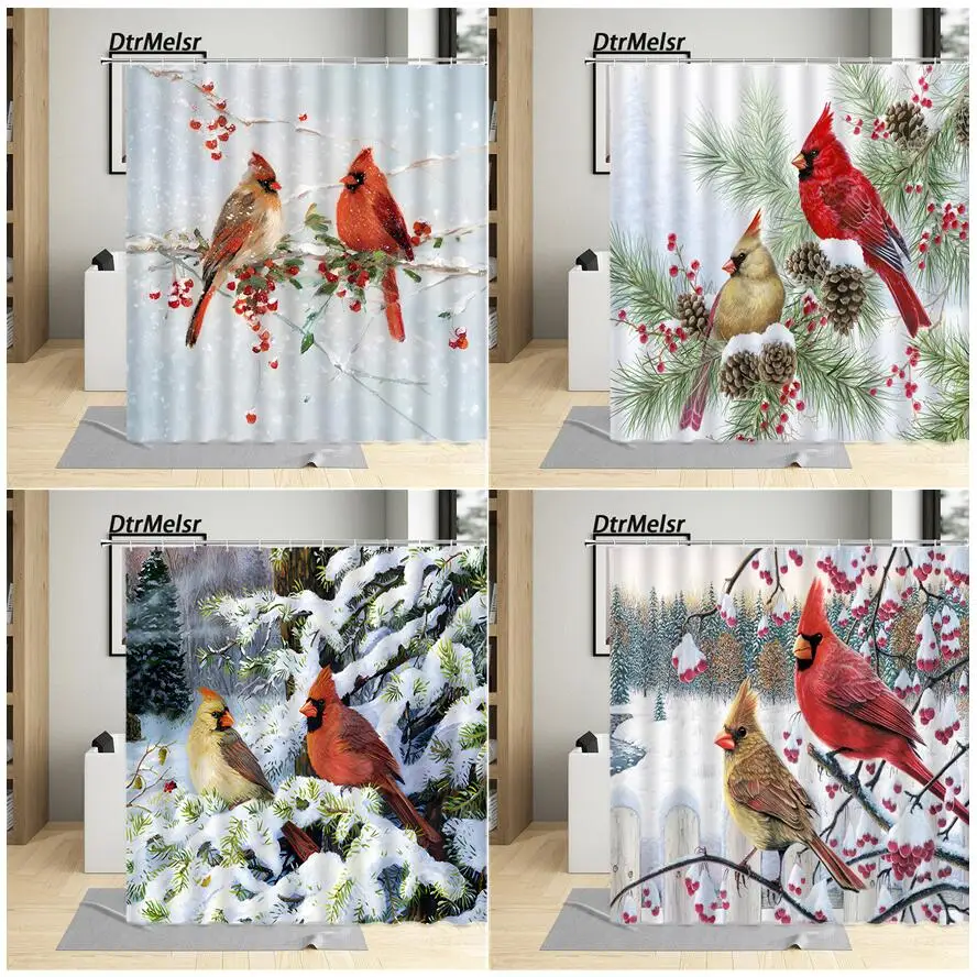 

Занавески для душа с Зимним Пейзажем, красные птицы, ягоды, кедра, ветки, леса, природный пейзаж, новый год, Рождественская ткань, домашний де...