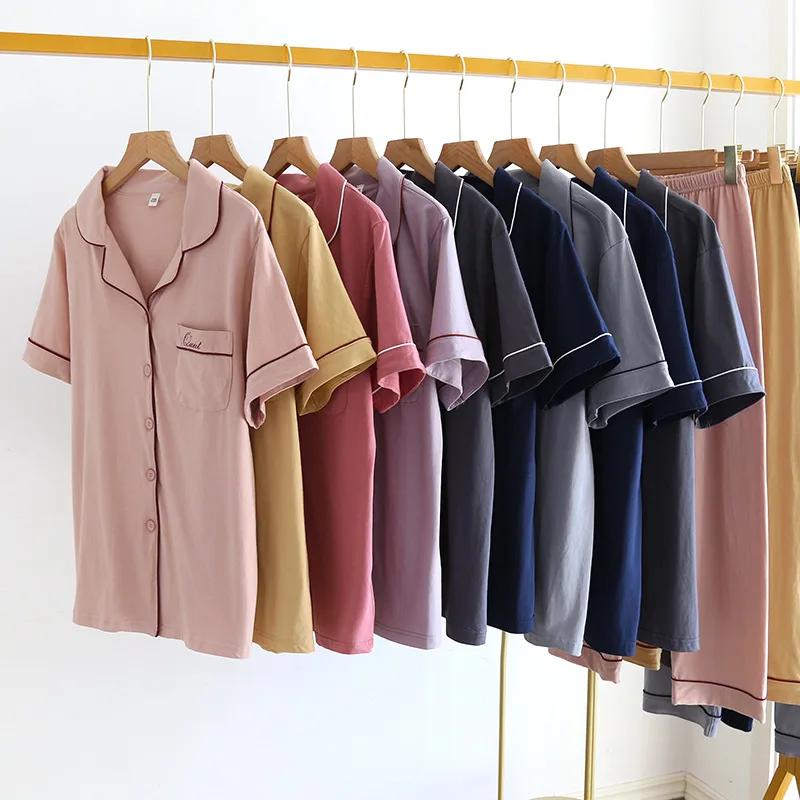 Spring/summer Pajamas for Women Knitted Cotton Couple Suit Men's Short-sleeved Trousers Simple Lapel Home Casual Two Piece Set