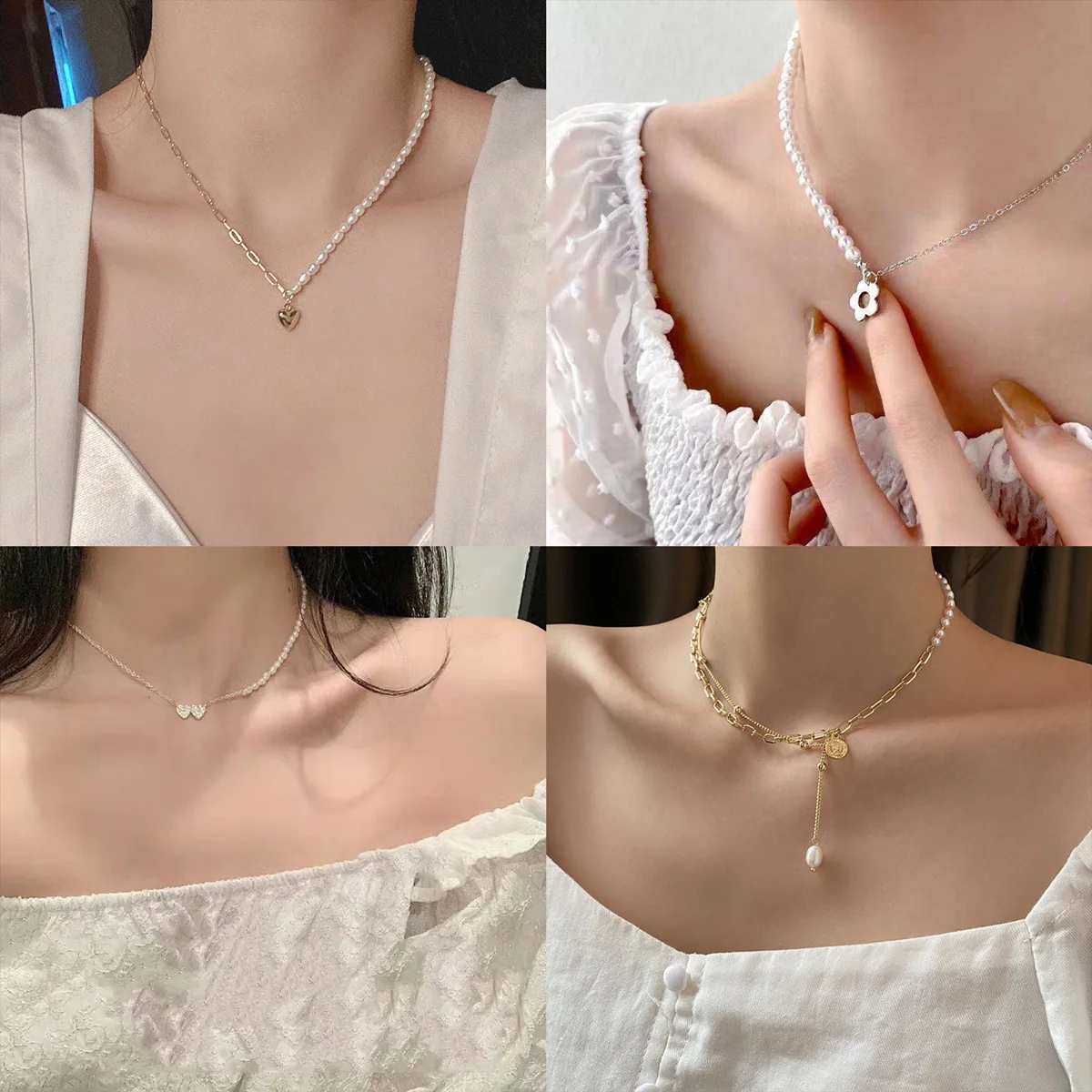 

Luxury Simple Fashion Pearl Flower Stitching Necklace Love Clavicle Chain for Women Girl Jewelry