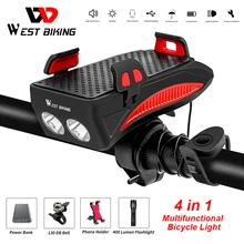 WEST BIKING 4 In 1 Bicycle Light Flashlight Bike Horn Alarm Bell Phone Holder Power Bank Bike Accessories Cycling Front Lamp MTB