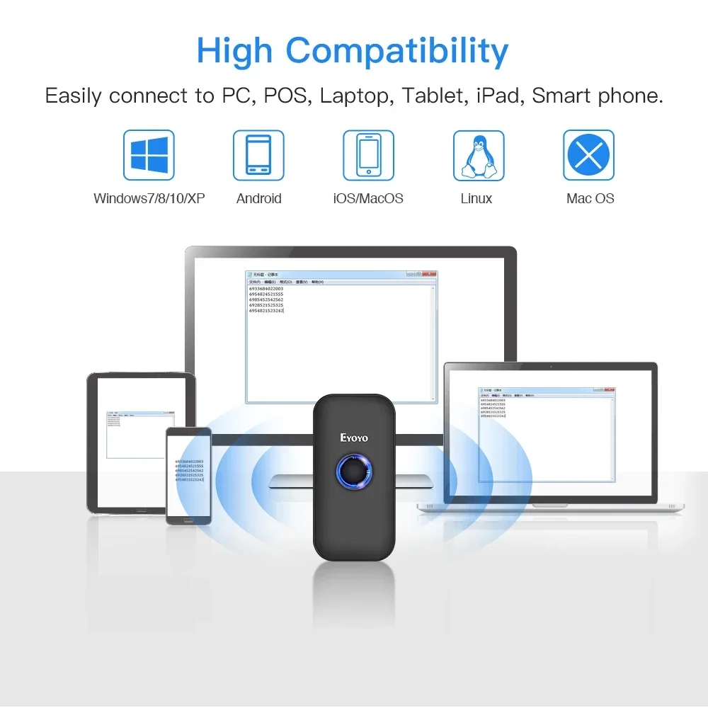 Eyoyo Mini Bluetooth 2D сканер штрих-кода 3-в-1 1D QR PDF417 Data Matrix Считыватель штрих-кодов CCD