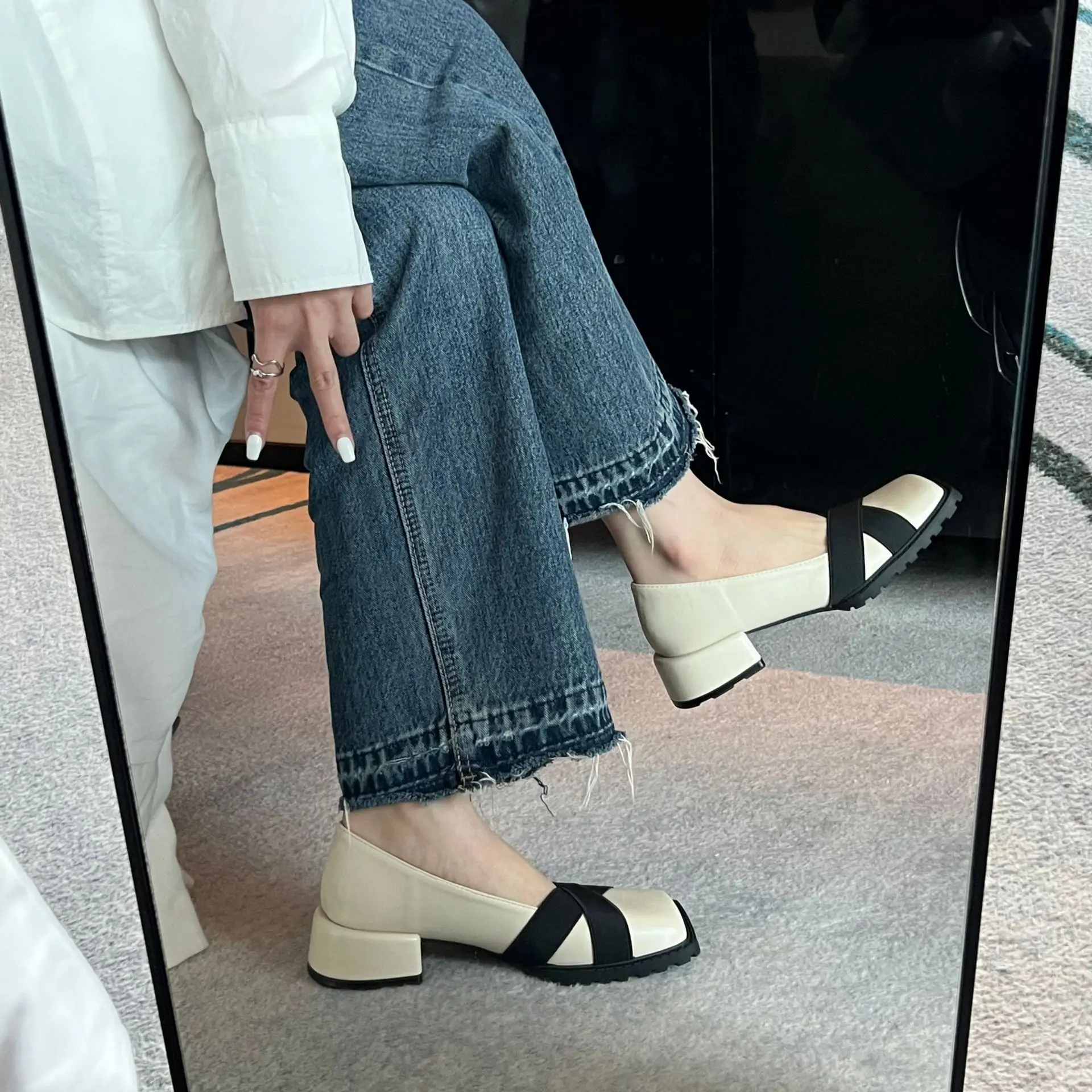 FAFA 2023 New Bowknot Shallow Mouth Thick Heel Single Shoes Women's Commuting Square Toe Elastic Belt Low Heel Shoes Women Shoes