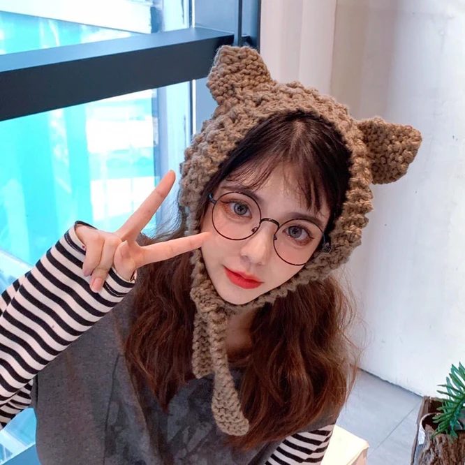 

Winter Women Cat Ear Hat Crochet Knitted Hat Costume Hats Cap Gift Anime Hat Photography Prop Girl Party Coffee