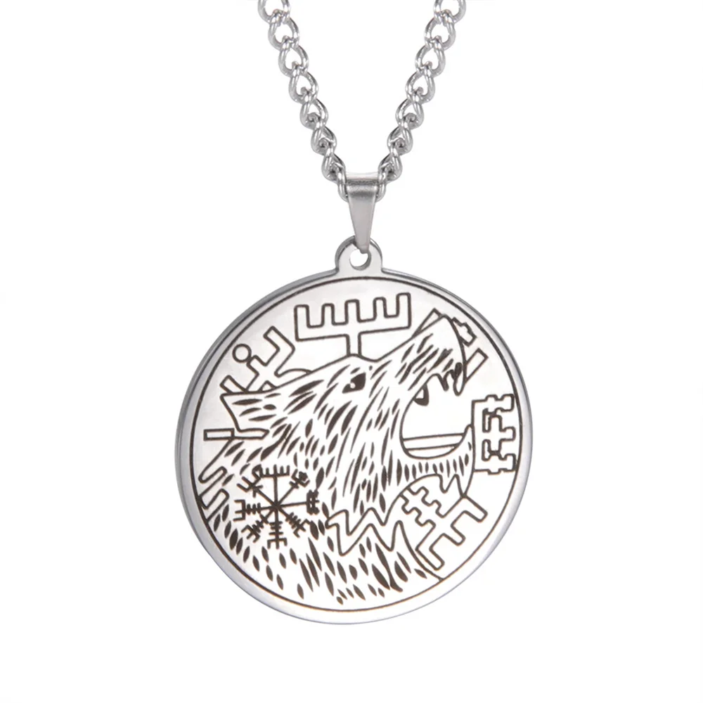 

My Shape Viking Wolf Head Necklaces for Men Stainless Steel Compass Amulet Nordic Odin Animal Necklace Vintage Punk Jewelry Gift