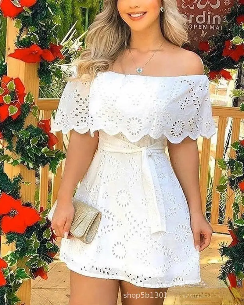 

2023 Summer Fashion Casual Vacation Lace-Up Dresses Elegant White Solid Color Sexy Off Shoulder Short Sleeve Party Mini Dress