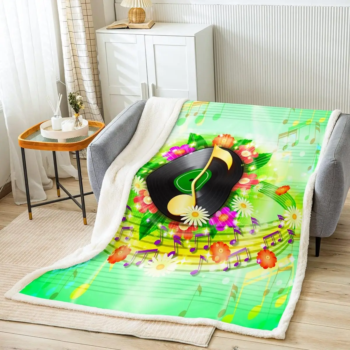 

Music Lovers Kids Throw Blanket,Record Player Music Notes Romantic Bed Blanket for Girls Boys Adults,Flowers Rustic