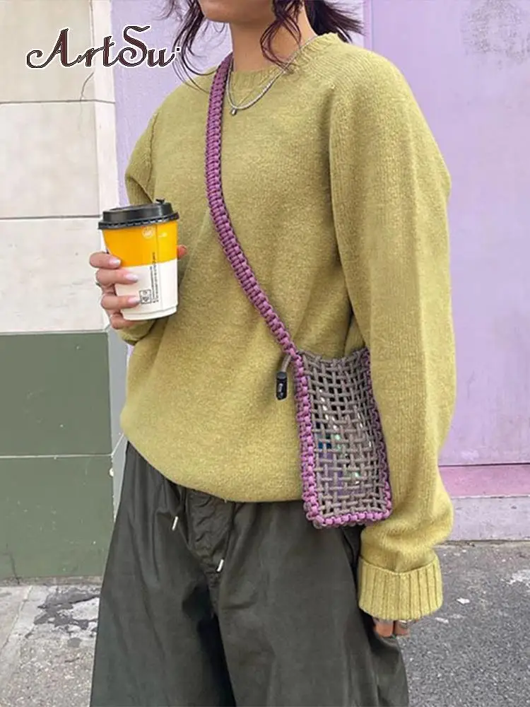 

Artsu, винтажный свитер, зимний Свободный Повседневный пуловер с вырезом лодочкой, модные вязаные топы в Корейском стиле Харадзюку