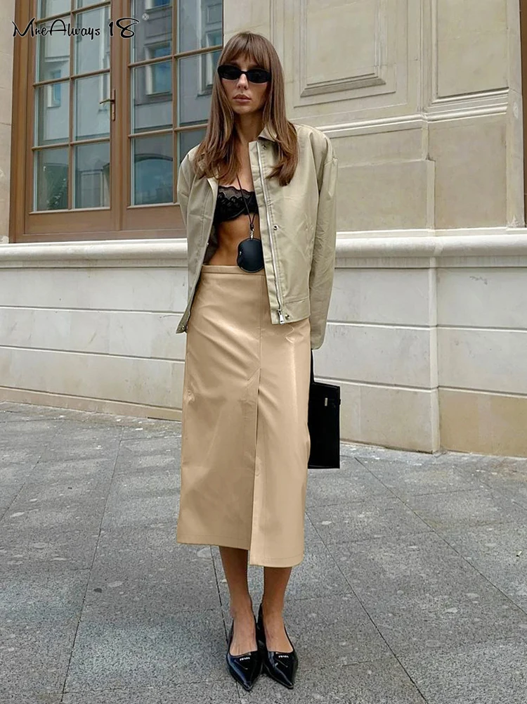 Mnealways18 хаки полиуретановая юбка с разрезом женские прямые теплые Универсальные