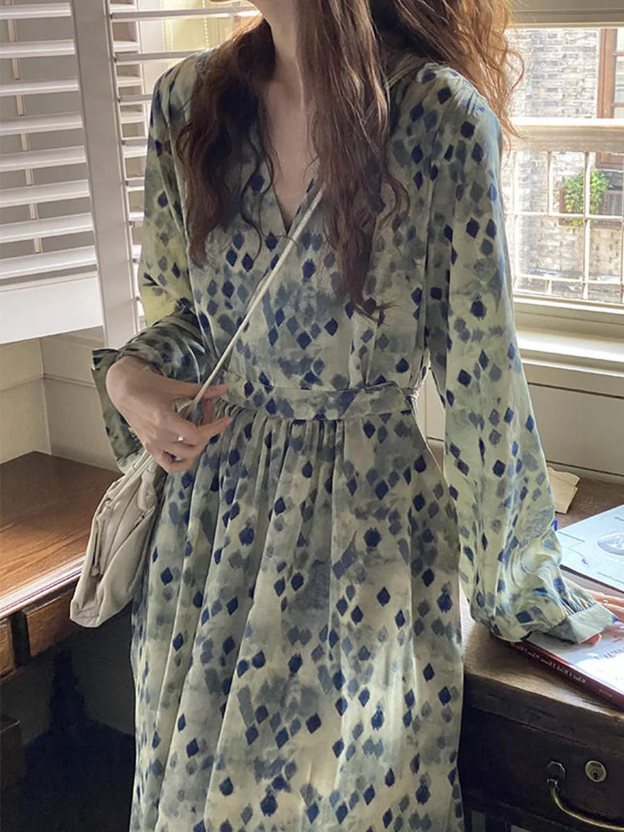 

Summer Ladies Floral Maxi Dress V-neck Long Sleeve Patchwork Pullover Loose Leisure Romantic Ladies Dresses Sweet Female Clothes