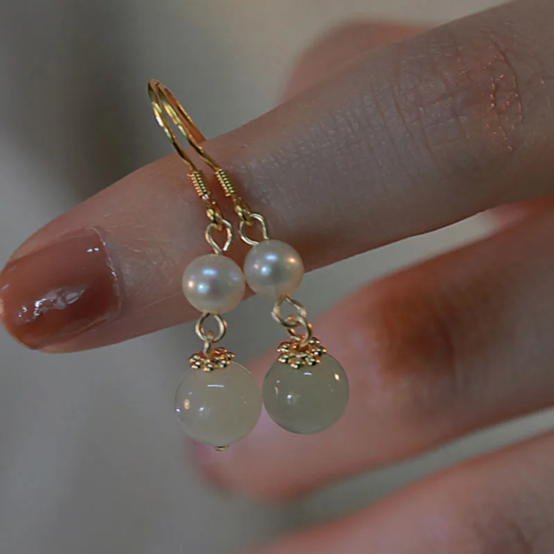 

VENTFILLE Gold Color Hetian Jade Earrings for Women Girls Gift Round pearl Jewelry Dropshipping Wholesale