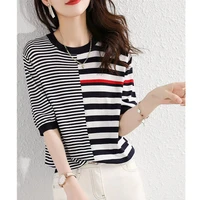 knit short sleeve womens ice silk blouse fashionable new round collar black and white striped cotton t shirt loose half sleeve