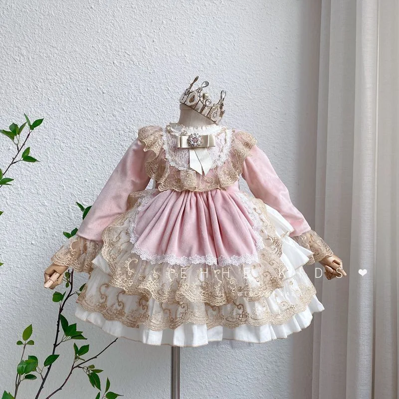 

Spanish Vintage Lolita Princess Ball Gown Bow Print Plaid Lace Design Birthday Party Easter Eid Dresses For Girls