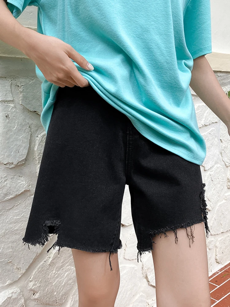 New Spring Summer Women Hole Raw Hem Black Denim Shorts Streetwear Female High Waist Frayed Jeans Shorts Bottoms