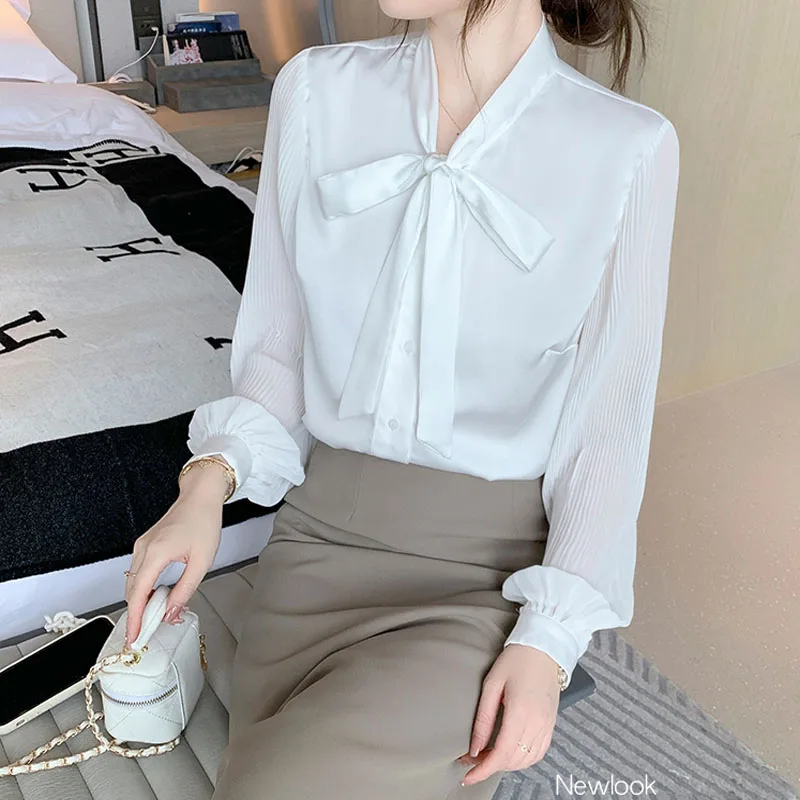 Женская блузка с длинным рукавом и бантом на воротнике Повседневная офисная