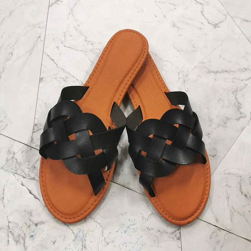 Women Leather Summer Sandals Shoes Retro Thin Straps Open Toe Beach Slides Flat with Woman Sandals Plus Size 41 Female Footwear