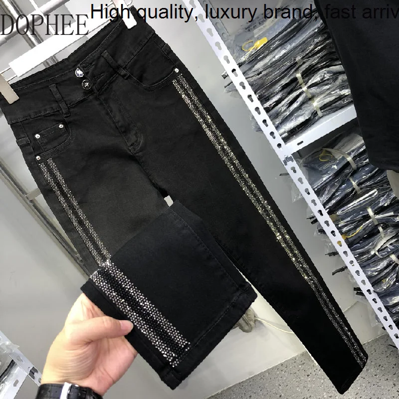 

Drilling High Hot Waist Pencil Jean for Women 2023 New Autumn Stretch Slim Black Long Trousers Full Length Cotton Denim Pants