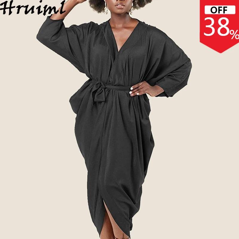 

Новые модные платья, женское свободное однотонное Бандажное платье с длинным рукавом и глубоким V-образным вырезом, летняя Домашняя одежда, ...