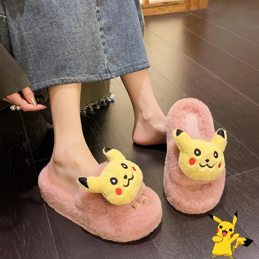 

Cartoon Pokemon Pikachu Plush Slippers Cute Giris New Autumn Winter Comfortable Soft Sole Fashion Exposed Toe Warm Home Shoe