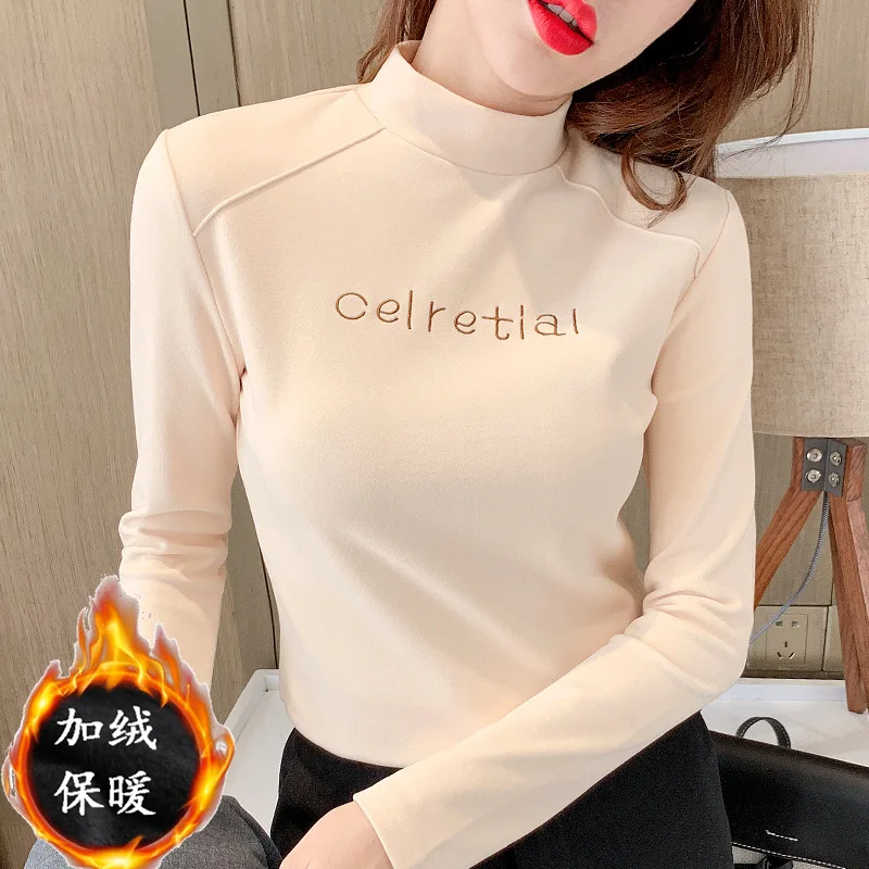 Купи Autumn Winter Women T-Shirt Fleece Warm Half High Collar Bottoming Shirt for Women All Match New Long Sleeved T-Shirt for Women за 770 рублей в магазине AliExpress