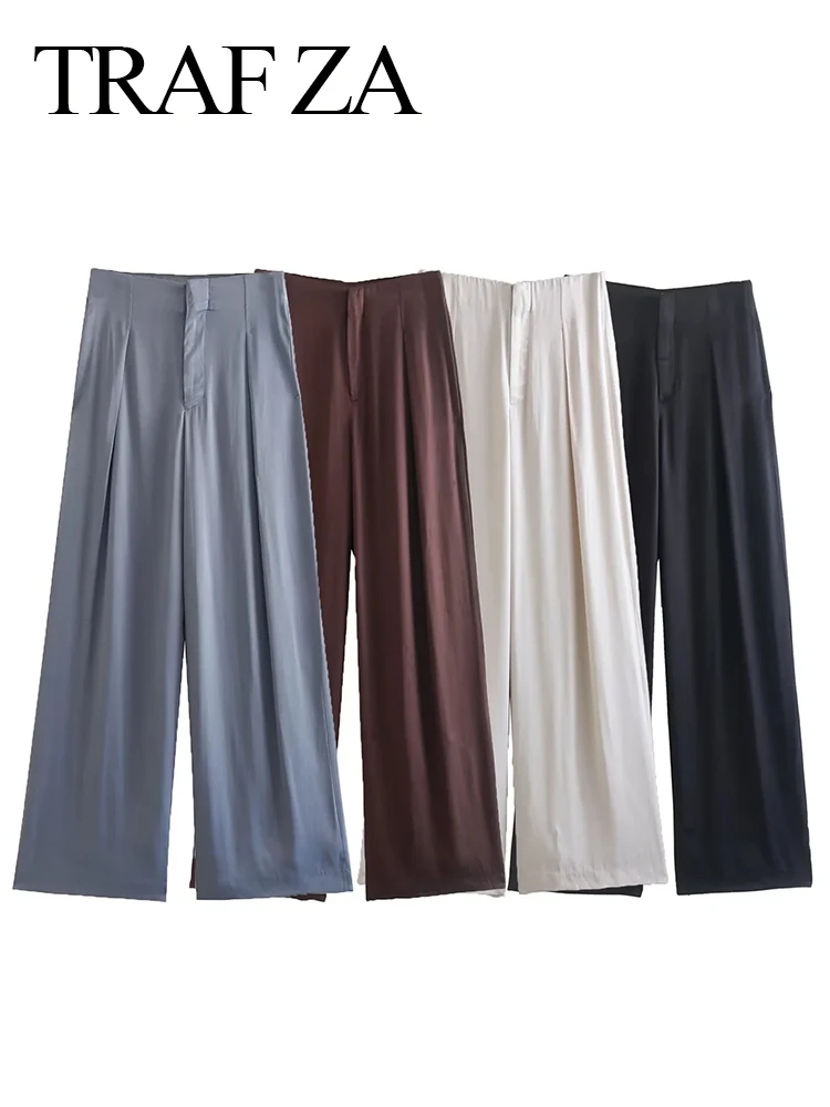 

TRAF ZA Women Smooth Front Darts Satin Straight Pant Retro Fashion Loose High Waist Zipper Fly Pants Female Soild Trousers Mujer