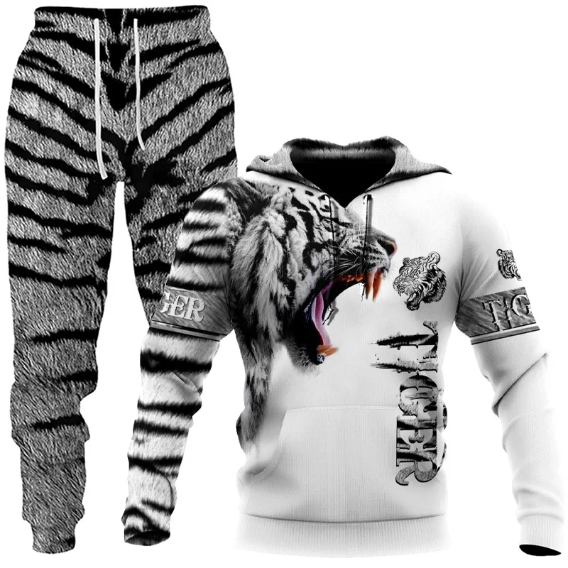 

Autumm And Winter Men's Sport Suit Animal 3D Tiger Printed Hoodies Pants Casual Hooded Sweatshirt Sweatpants Tracksuits 2pc Set