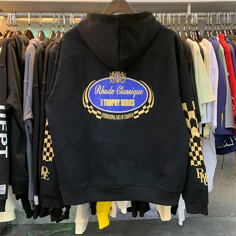 

2022 RHUDE Hoodie Check Champion Print High Quality Cotton Terry Men's And Women's Loose Hoodies