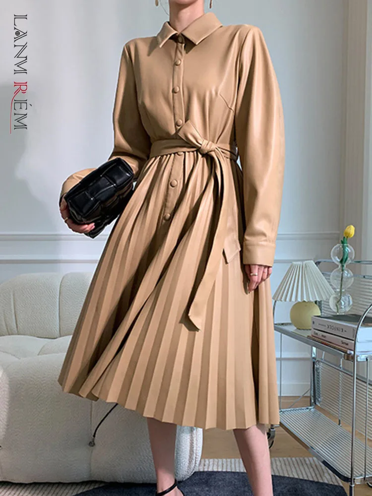 LANMREM Fashion PU Leather Folds Dress For Women Lapel Long Sleeves Belt Single Breasted A-line Dresses 2023 Autumn New 2AA1200