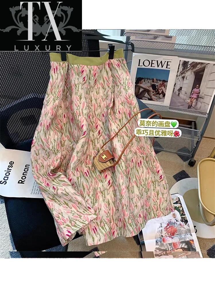 

Long Women Vintage Floral Print A-line Pleated High Waist Jupe Elegant Prairie Chic Aesthetic All-Match Midi Skirts Mujer