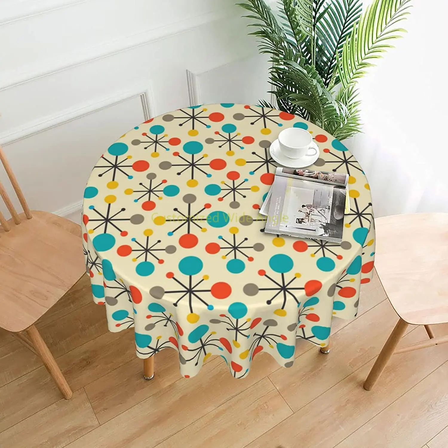 

Star Retro Go Mid Century Modern Lines Round Tablecloth Wrinkle Table Cover for Dining Party BBQs Diameter 60 in