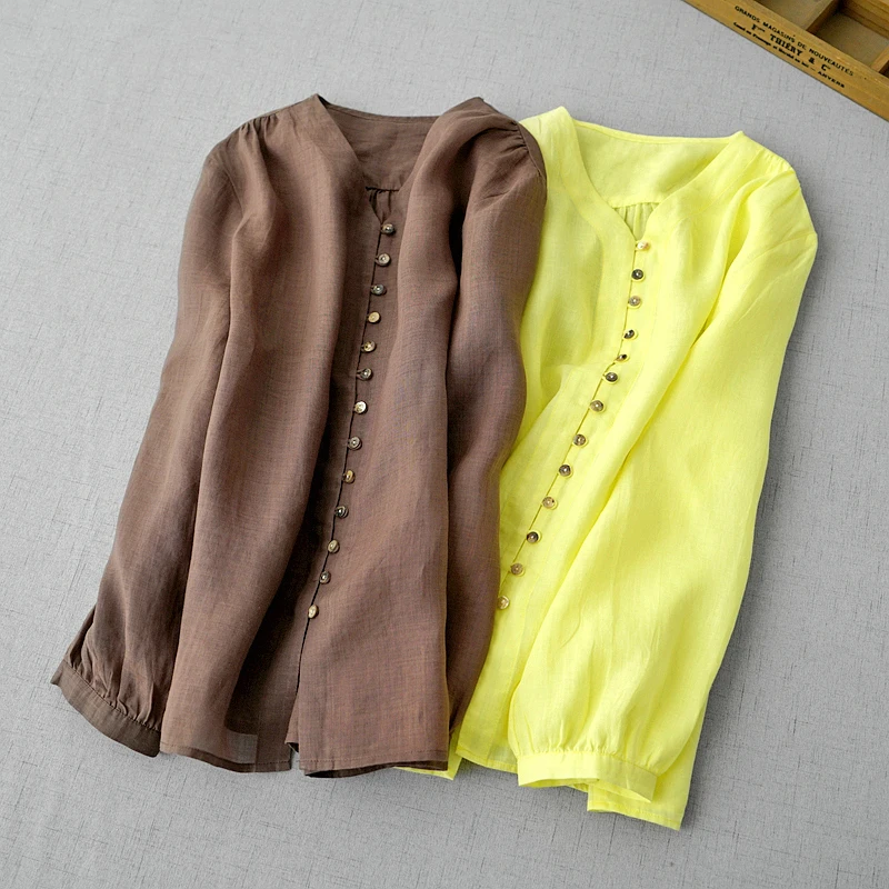 

120cm Bust / Spring Summer New Women Casual Loose V-neck Coffee Yellow Comfy Breathable Water Washed Sheer Ramie Shirts/Blouses