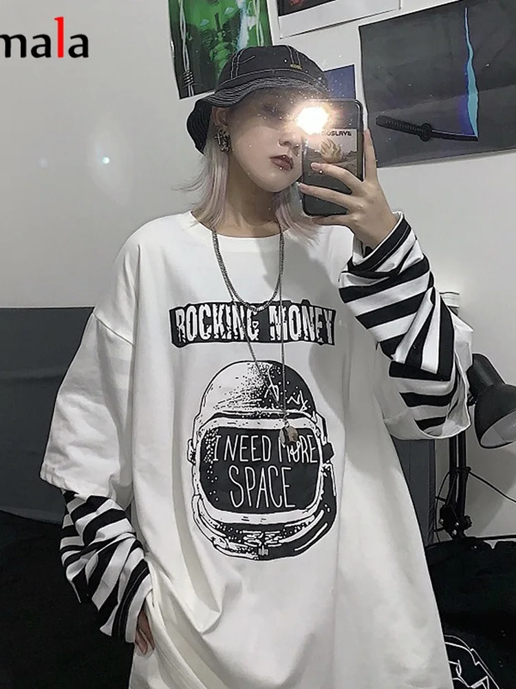 Autumn tshirt Casual Letter Print O-Neck stripe Tees Creativity Loose T-Shirts Women Long Sleeve Oversize top Hip Hop Streetwear