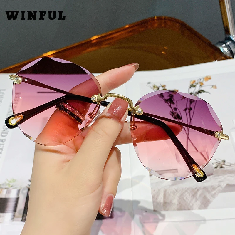 

Classic Rimless Round Sunglasses For Women Sexy Gradient Oversized Sun Glasses Female Vintage Outdoor Big Frame GogglesUV400