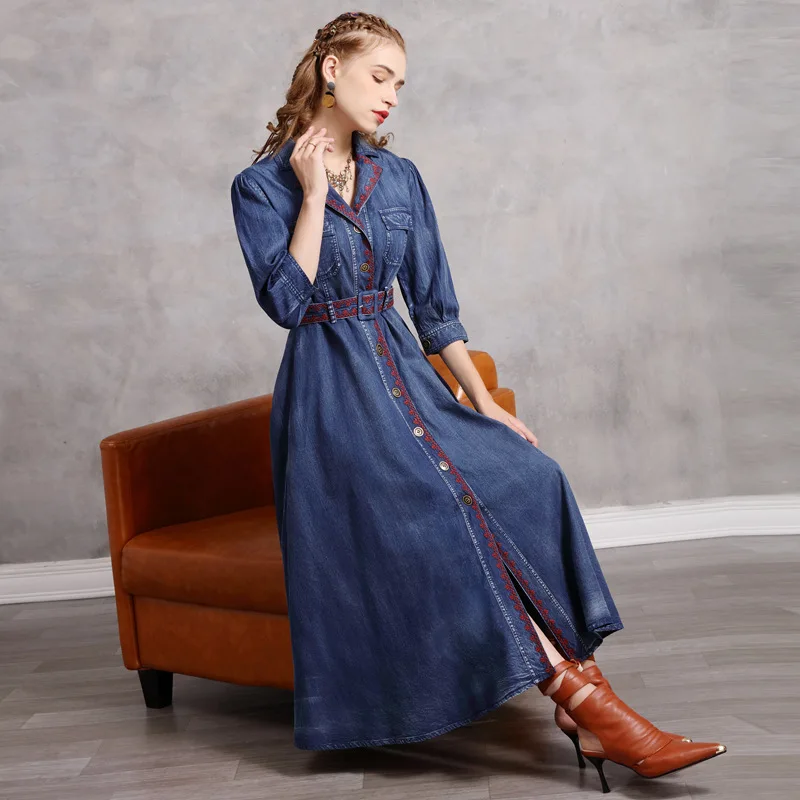 

2021 autumn high-end new belt medium length dress Vintage Embroidery suit collar single breasted denim skirt