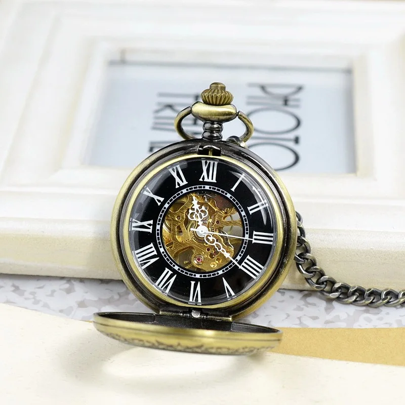Luxury Mechanical Bronze Pocket Watch for Men Women Skeleton Dial Roman Numeral Dial Fob Chain Pendant Clock for Collection Gift