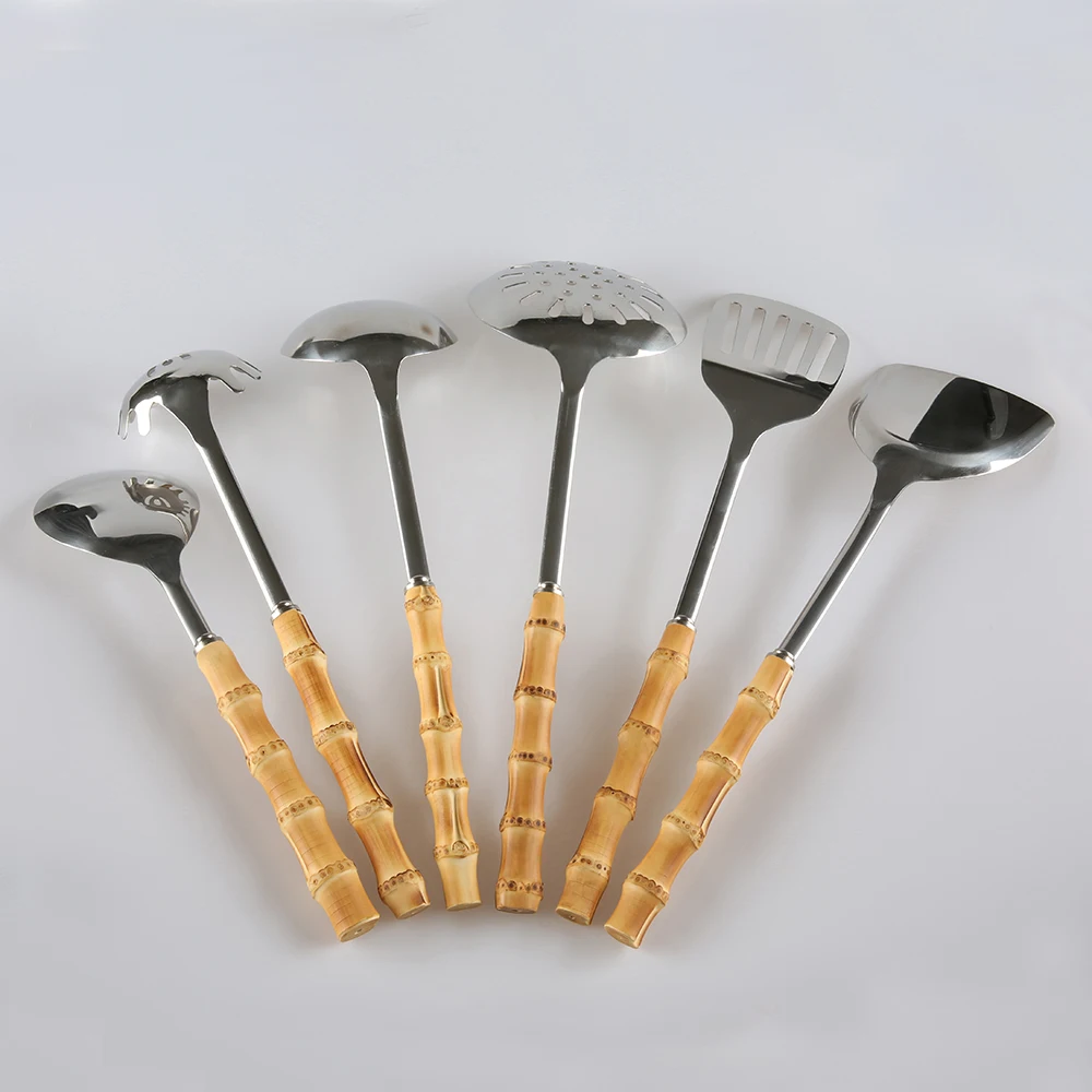6PCS Stainless Steel Basting Brush Whisk Tong Turner Spatula Scoop Ladle Soup Serving Spoon Bamboo Root Silicone Kitchenware - купить по