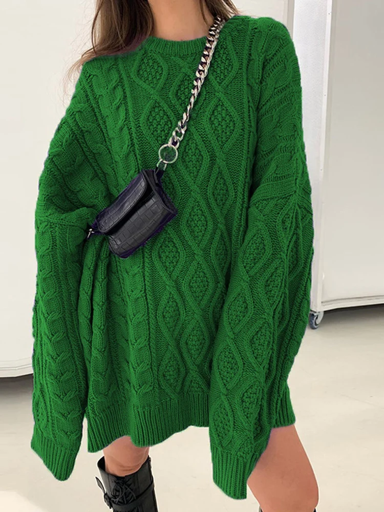 

O-neck Twist Women Sweater Dress Jumper Check Knitted Long Drop-shoulder Sleeve Loose Ladies Sweaters Autumn Winter Fashion Top