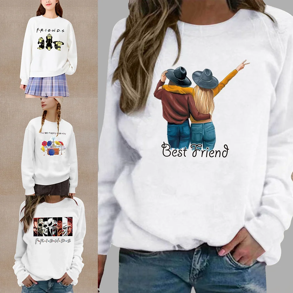 

Women's O-Neck Top Round Neck Pullover Spring Autumn Thin White Long Sleeve Sweatshirt Casual Comfortable Friends Series Clothes