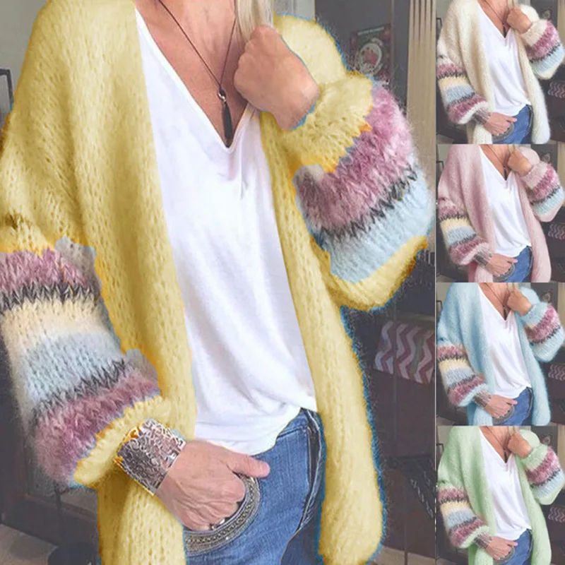 

2022 Autumn and Winter New Fashion Striped Contrast Color Mohair Cardigan Ladies Sweater European and American Knitted Jacket